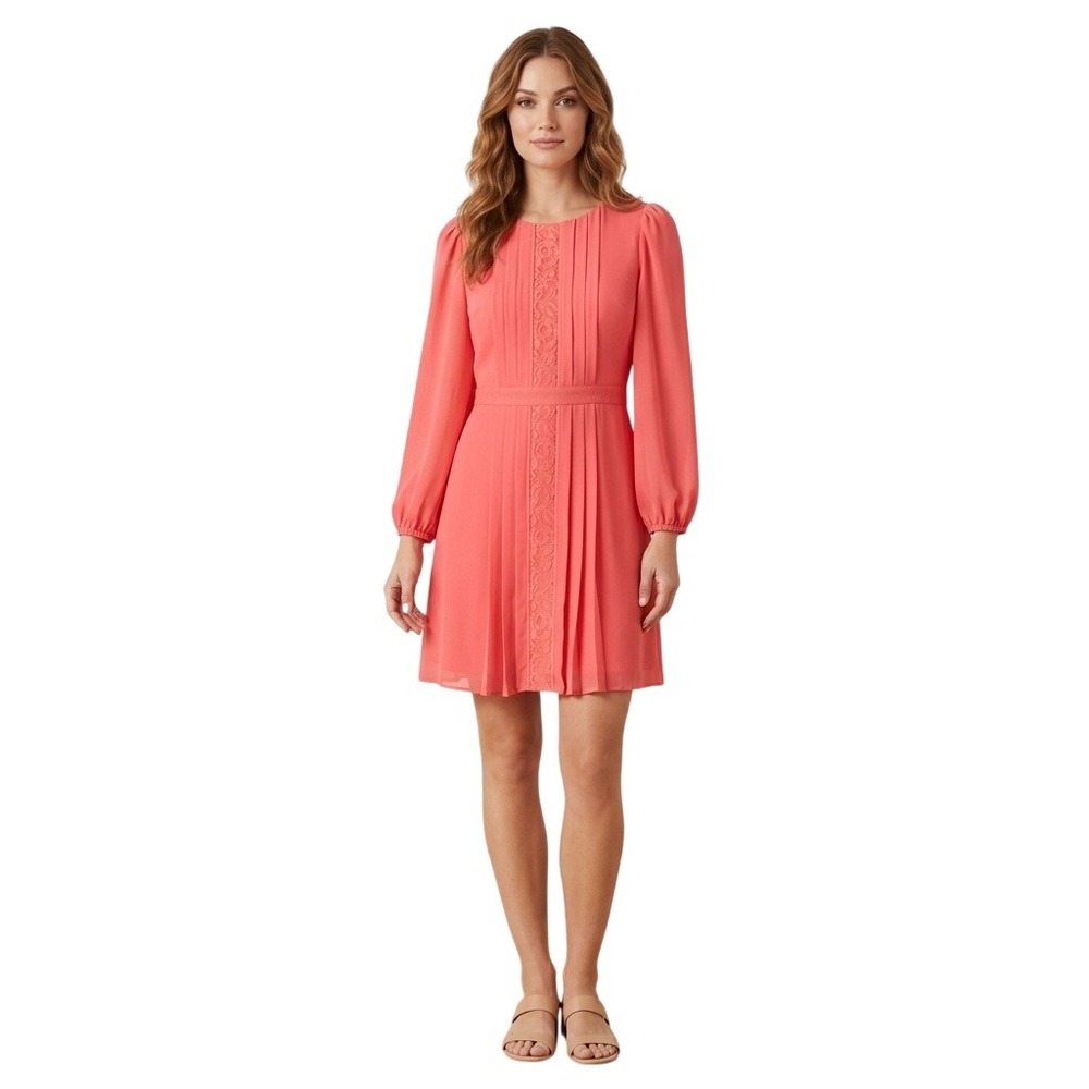 Jessica Simpson Women's Size 8 Coral Pink Lace Pleated‎ Puff Sleeve Mini Dress
